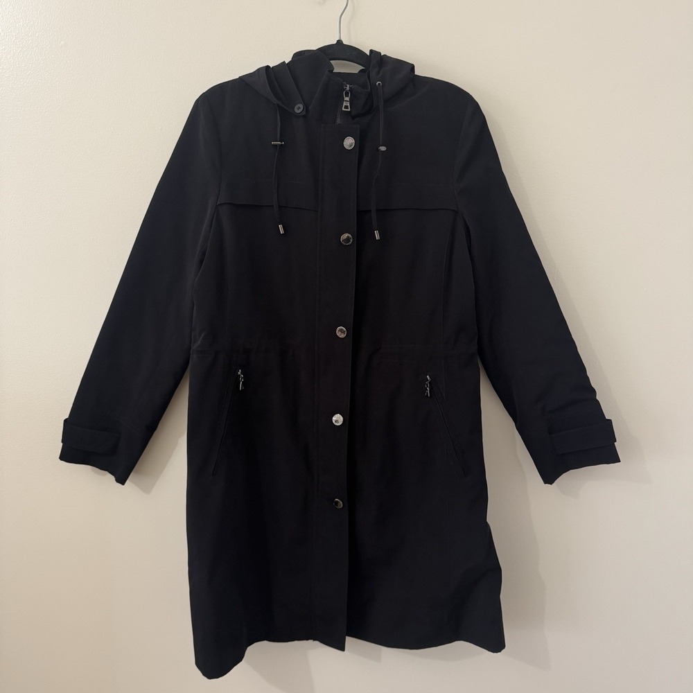 London Fog Women's Black Raincoat Hooded Trench Jacket Zip Snap Front M NWOT - Picture 2 of 11